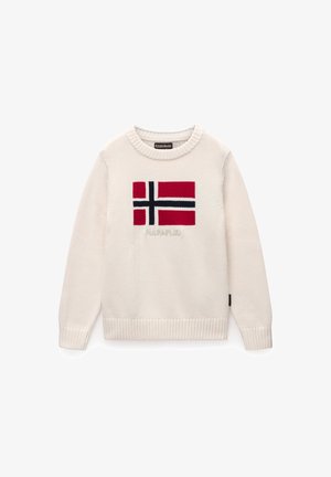 Sweter dzianinowy w kolorze kremowym z wzorem flagi norweskiej w kolorach czerwonym, niebieskim i białym. Posiada ściągacz przy kołnierzyku i mankietach oraz logo marki umieszczone poniżej.