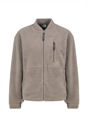Fleece jacket in light grey, full-zip design, with a stand collar, one chest pocket, and textured fabric. Features zipper pulls and side pockets.