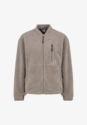 Fleece jacket in light grey, full-zip design, with a stand collar, one chest pocket, and textured fabric. Features zipper pulls and side pockets.