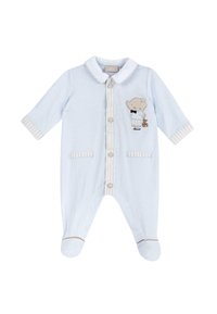 Body in cotone blu chiaro con maniche lunghe, bottoni frontali e colletto. Presenta un ricamo di un elefante e polsini e tasche a righe.