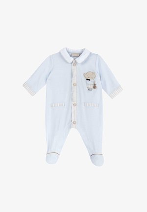 Body in cotone blu chiaro con maniche lunghe, bottoni frontali e colletto. Presenta un ricamo di un elefante e polsini e tasche a righe.