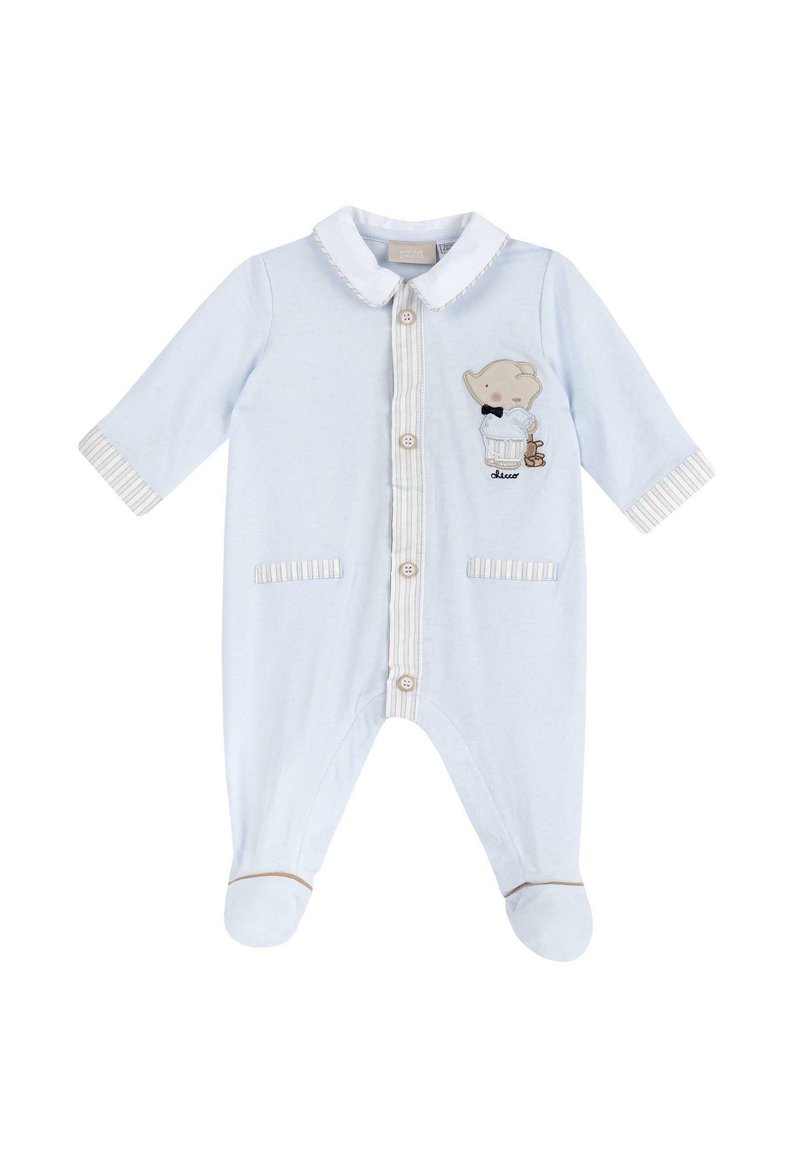 Body in cotone blu chiaro con maniche lunghe, bottoni frontali e colletto. Presenta un ricamo di un elefante e polsini e tasche a righe.