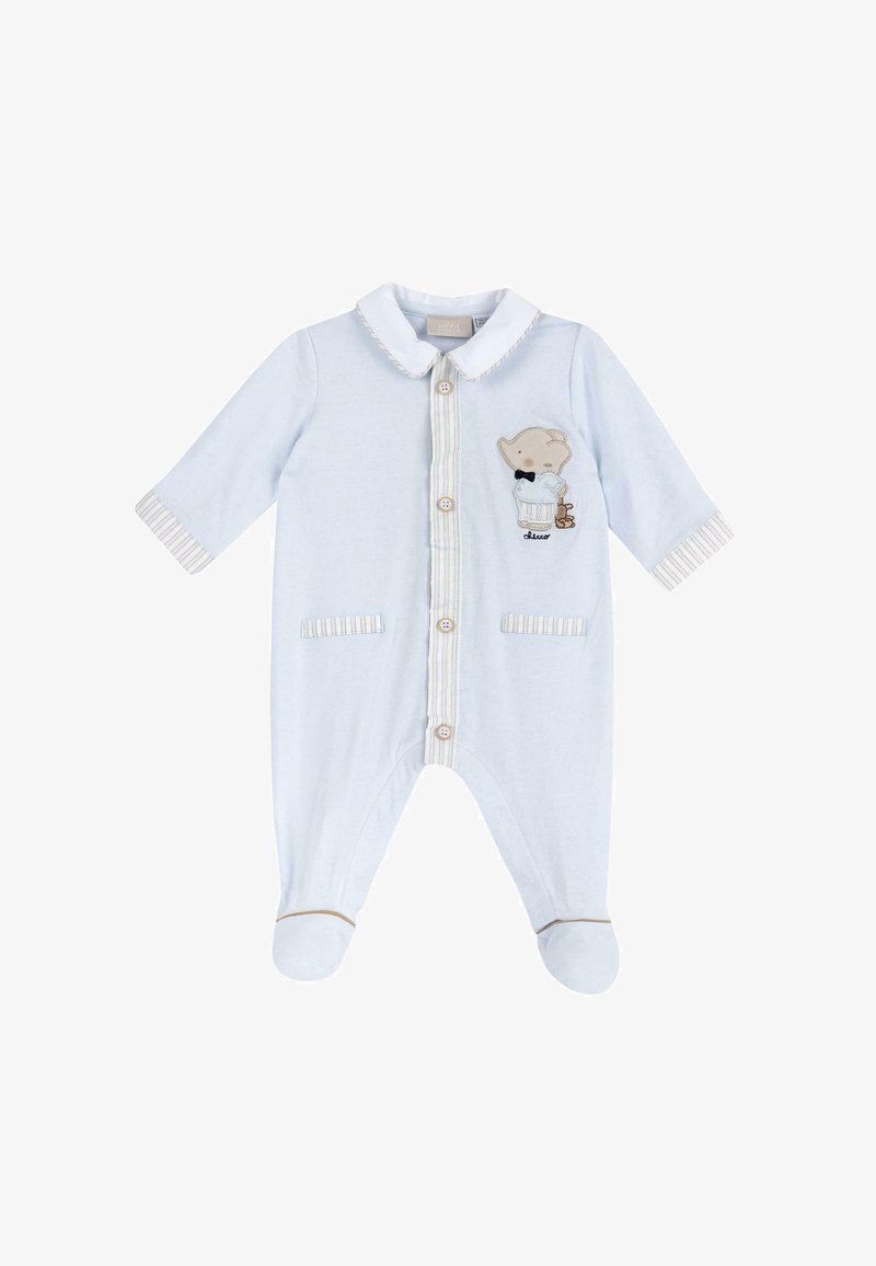 Body in cotone blu chiaro con maniche lunghe, bottoni frontali e colletto. Presenta un ricamo di un elefante e polsini e tasche a righe.