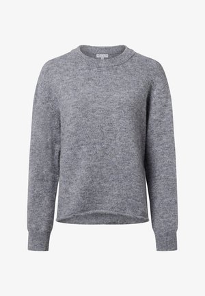 Gray knit sweater with a round neckline, long sleeves, and ribbed cuffs. Soft texture, relaxed fit, and a slightly cropped hem.