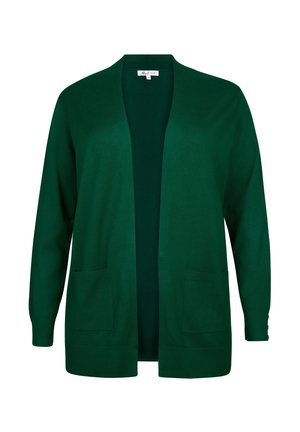 Groene cardigan van gebreid materiaal, met een open voorkant, lange mouwen, twee voorkuipjes en ribgebreide manchetten.
