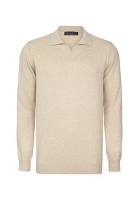Beige gebreide pullover met een V-hals en lange mouwen. Kenmerkt zich door een geribbelde zoom en manchetten. Zachte textuur met een subtiel, gelijkmatig patroon door het hele stuk.