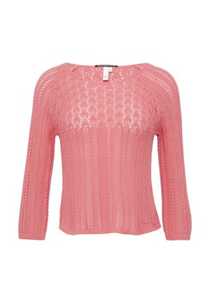 Pull en tricot rose clair à côtes, avec des manches trois-quarts, présentant un motif de mailles ouvertes et un col arrondi. Étiquette visible en haut.