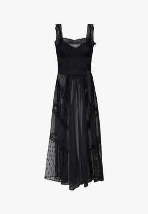 Zwarte mouwloze kanten jurk met doorschijnende gelaagde rok, nauwsluitende tailleband en vierkante halslijn.