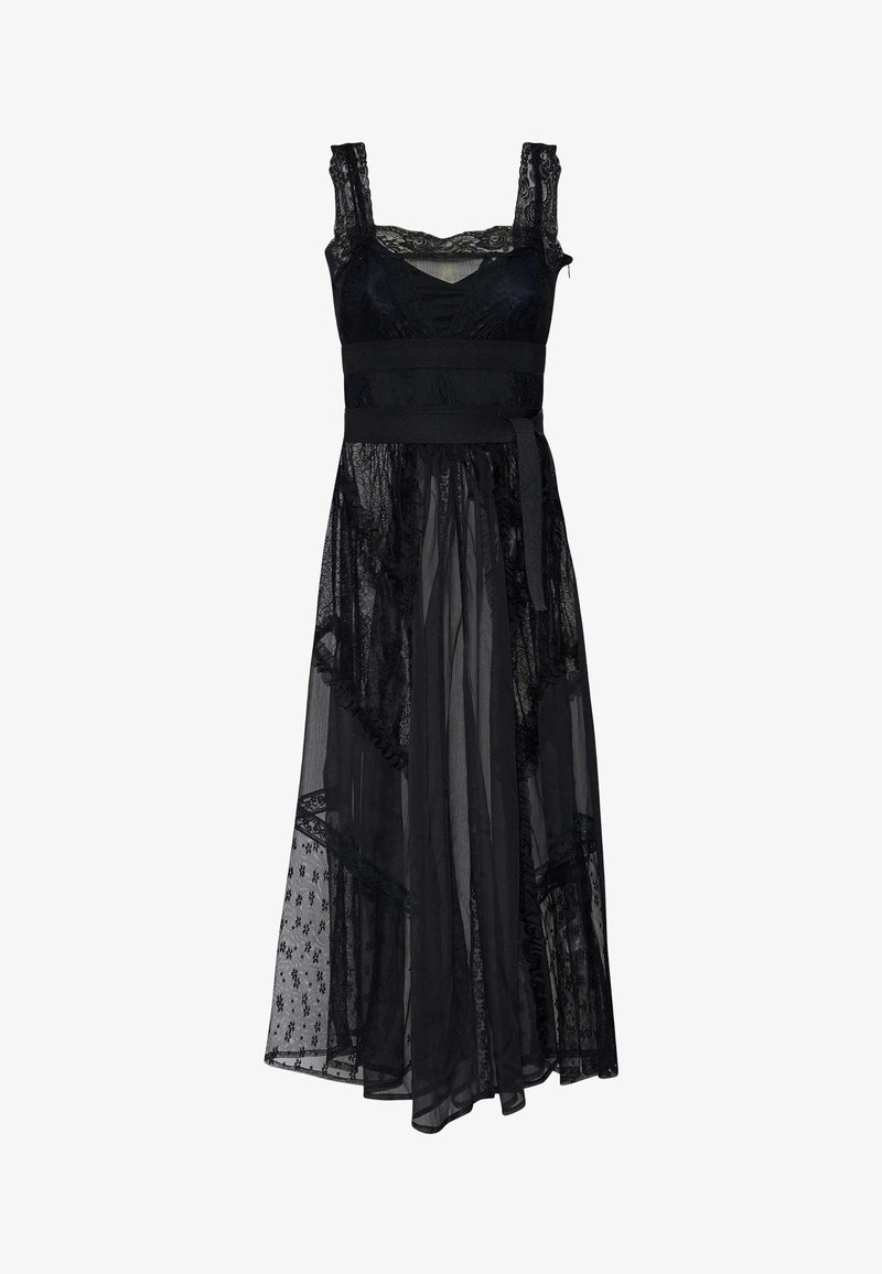 Zwarte mouwloze kanten jurk met doorschijnende gelaagde rok, nauwsluitende tailleband en vierkante halslijn.