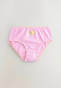 Culotte en coton rose avec taille élastique, ornée d'un petit imprimé de soleil et d'arc-en-ciel à l'avant. Accentuée d'un nœud rose.