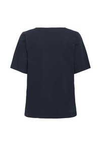Mørkeblå, kortærmet t-shirt, rund hals, lavet af blødt stof, med en afslappet pasform og et enkelt design, ingen synlige mønstre eller detaljer.