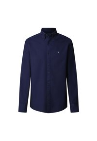 Marineblauwe katoenen overhemd met lange mouwen, met button-down kraag, knopen aan de voorkant en een klein geborduurd logo-detail op de borst.
