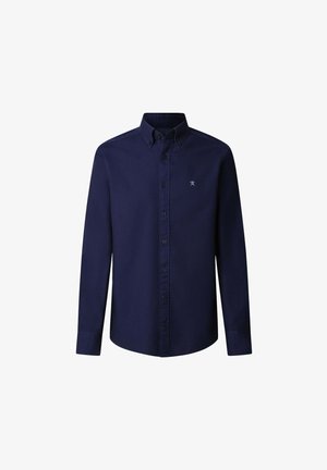 Camisa de algodón de manga larga azul marino con cuello abotonado, botones frontales y pequeño logotipo bordado en el pecho.