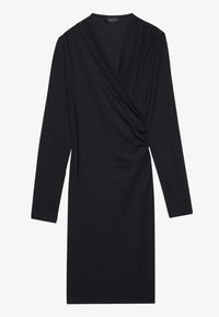 Black wrap dress with long sleeves, featuring a gathered side detail and soft, smooth fabric. Simple silhouette, knee-length design.