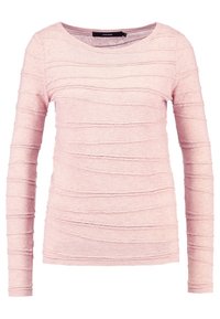 Helles rosa Langarmpullover mit einem strukturierten, wellenförmigen Muster und einem runden Ausschnitt. Hergestellt aus weichem, dehnbarem Material.