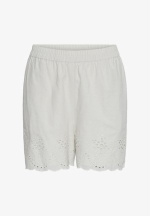 Shorts blancs en coton avec une taille élastique, ornés de motifs floraux brodés découpés le long de l'ourlet festonné. Texture douce et légère.