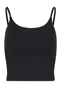 Top scurt negru, ajustat, cu bretele subțiri, realizat dintr-un material neted, având un decolteu rotund și un design simplu, fără cusături.