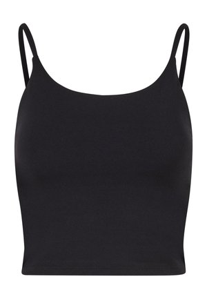 Top corto aderente nero con spalline sottili, realizzato in tessuto liscio, con scollatura rotonda e un design semplice e senza cuciture.