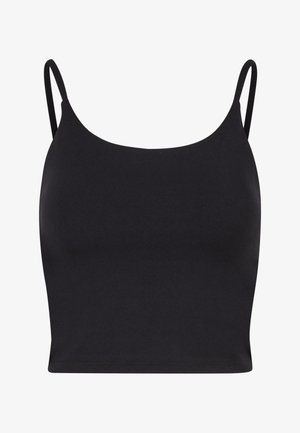 Must be a black fitted cropped tank top with thin straps, made of smooth fabric, featuring a round neckline and a simple, seamless design.