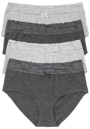Quatre paires de sous-vêtements féminins : gris et charbon avec une finition en dentelle. Une paire présente un détail de nœud ; les matériaux semblent doux et extensibles.