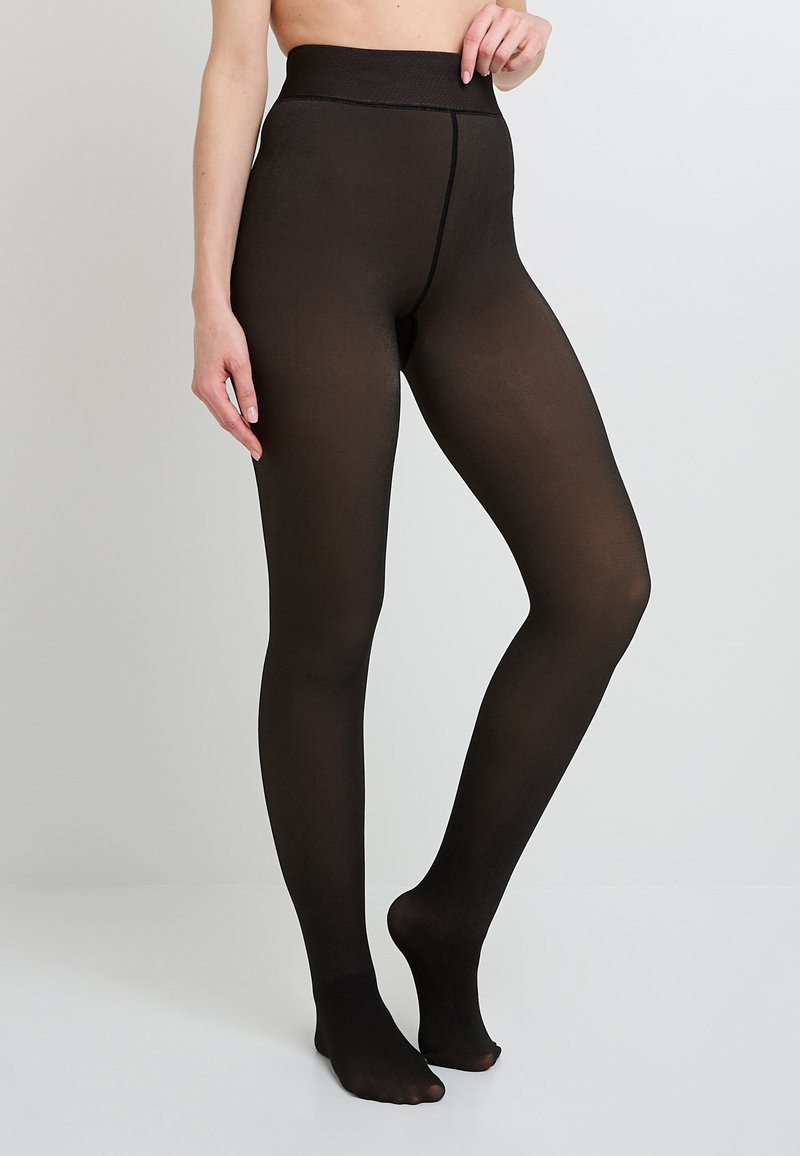 Collant neri con una texture liscia, vita alta e design senza cuciture. Presentano una finitura opaca e una vestibilità aderente dalla vita alla caviglia.