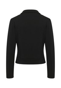 Svart jacka med krage, långa ärmar och figursydd design. Slät textur och minimalistisk stil utan några ytterligare detaljer.