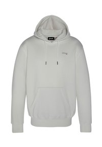 Hoodie grigio chiaro con tasca frontale a marsupio, cappuccio con coulisse, polsini a costine e piccolo logo ricamato sul petto sinistro.