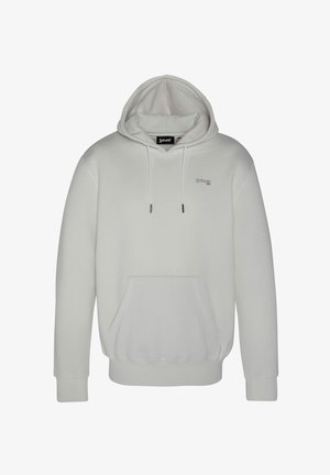 Hellgrauer Kapuzenpullover mit einer vorderen Kängurutasche, Kordelzugkapuze, gerippten Bündchen und kleinem gestickten Logo auf der oberen linken Brust.