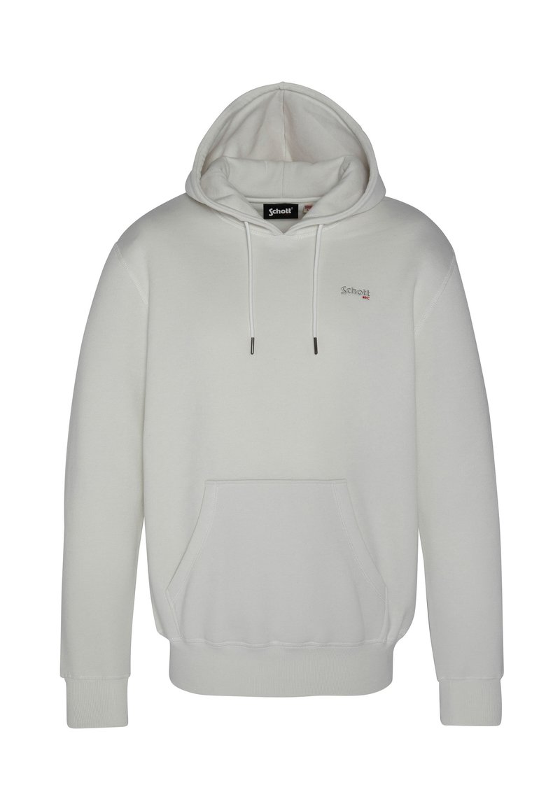 Hoodie grigio chiaro con tasca frontale a marsupio, cappuccio con coulisse, polsini a costine e piccolo logo ricamato sul petto sinistro.