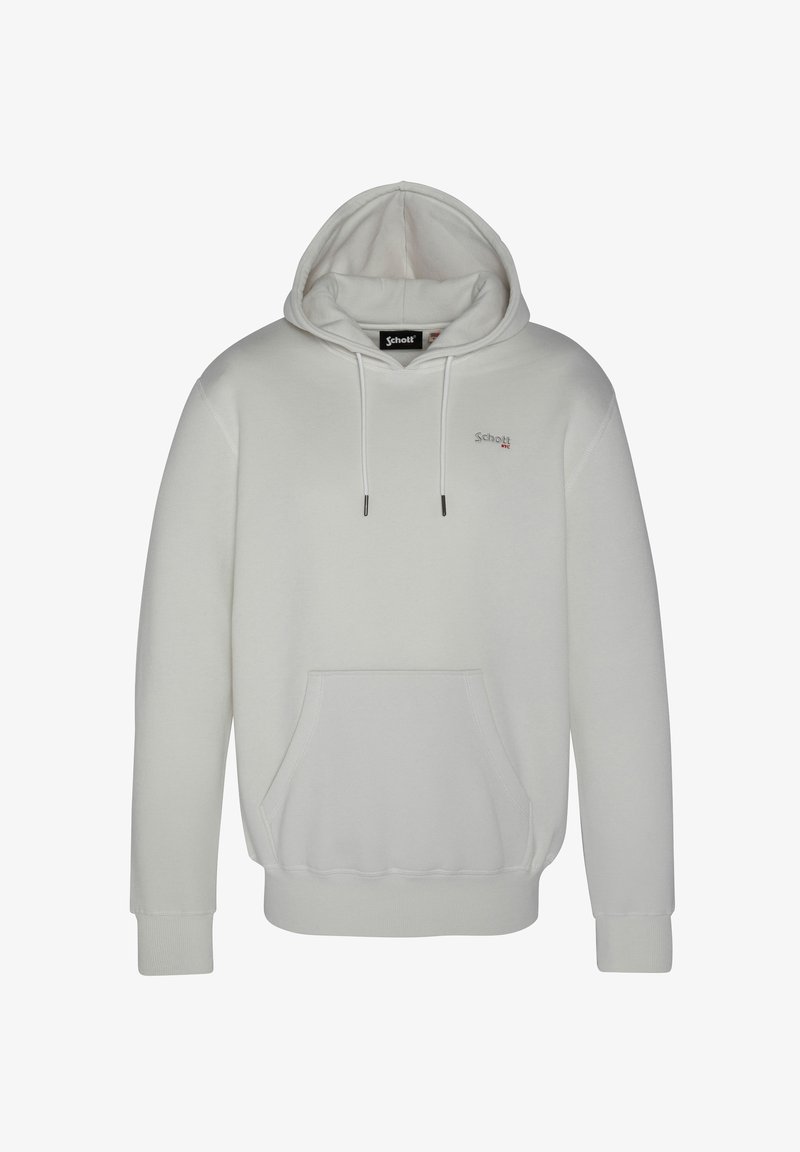Hoodie grigio chiaro con tasca frontale a marsupio, cappuccio con coulisse, polsini a costine e piccolo logo ricamato sul petto sinistro.