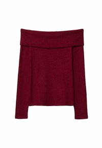 Haut bordeaux côtelé à épaules dénudées avec manches longues, doté d'un large col replié et d'une texture douce.