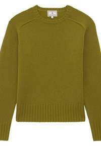 Pull en tricot vert olive avec un col rond, une finition côtelée et des manches raglan. Présente un motif texturé et un tissu doux.