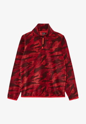 Pull-over en polaire à manches longues à motif camouflage rouge et rouge foncé, avec une fermeture éclair quart et un col montant.