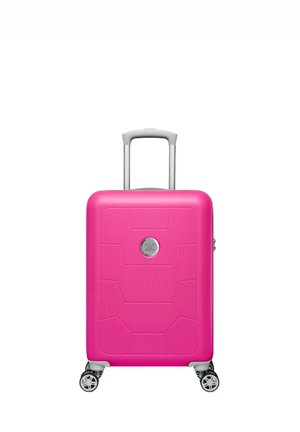 Hard-shell pink suitcase with a geometric pattern, silver accents, retractable handle, and four spinner wheels for easy mobility.