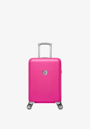 Hard-shell pink suitcase with a geometric pattern, silver accents, retractable handle, and four spinner wheels for easy mobility.