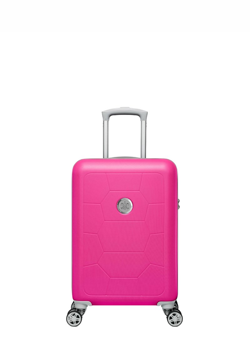 Hard-shell roze koffer met een geometrisch patroon, zilveren accenten, een uitschuifbare handgreep en vier draaibare wielen voor gemakkelijke mobiliteit.