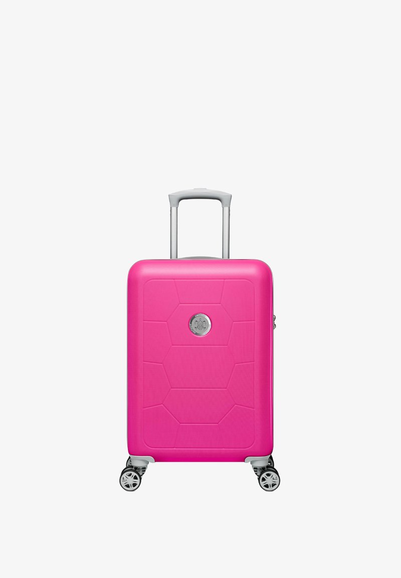 Hard-shell roze koffer met een geometrisch patroon, zilveren accenten, een uitschuifbare handgreep en vier draaibare wielen voor gemakkelijke mobiliteit.
