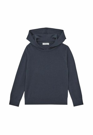 Sudadera con capucha en azul marino, fabricada en tejido suave, con mangas largas, un bolsillo frontal y puños y dobladillo de canalé. Diseño sencillo, sin patrones.