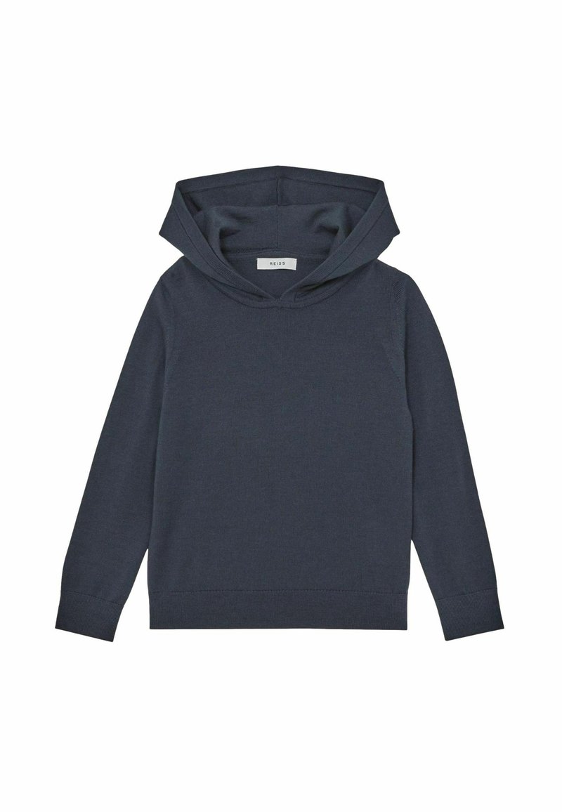 Marineblaues Kapuzensweatshirt aus glattem Stoff mit langen Ärmeln, einer Kängurutasche und gerippten Bündchen und Saum. Einfaches Design, keine Muster.