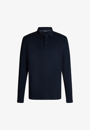 Navy long-sleeve polo shirt made of soft fabric, featuring a collar, three buttons, and a small logo on the chest. Smooth texture.