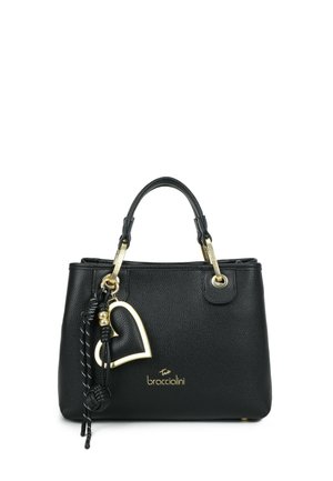 Borsa a mano in pelle nera con doppi manici, ciondolo a forma di cuore dorato e logo "braccialini" sulla parte anteriore.