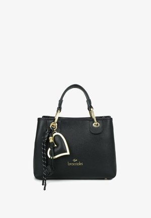 Zwarte leren handtas met dubbele handvatten, gouden hartbedel en "braccialini"-logo aan de voorkant.