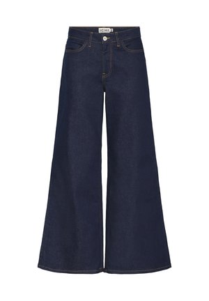 Mørkeblå jeans med vide ben og høj talje, lavet af denim. Har kontrastfarvede syninger og lukning med knapper foran.