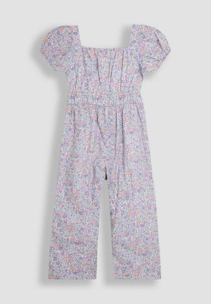 Bloemafdruk jumpsuit in lichtgewicht stof met een lila achtergrond, korte pofmouwen, vierkante halslijn, elastische taille en wijde benen.