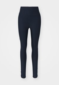 Mørkeblå leggings laget av et elastisk materiale, høyt liv, glatt tekstur og sømløs konstruksjon uten synlige mønstre.