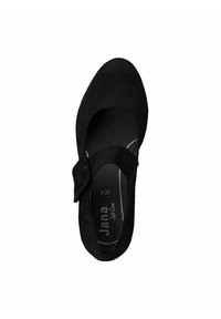 Schwarzer Wildleder-Mary-Jane-Schuh mit runder Spitze, verstellbarem Riemen mit dekorativer Schnalle und markierter Innensohle mit dem Label "Jana Soft Line."