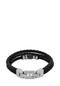 Bracciale in pelle nera intrecciata con accenti in acciaio inossidabile, dotato di una chiusura e elementi decorativi in metallo. Design a doppio filo.
