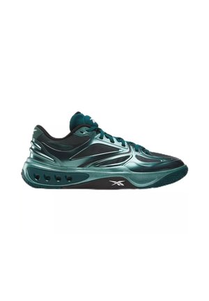 Teal and black low-top athletic sneaker with mesh panels, laces, cushioned sole, and Reebok logo on midsole and tongue.