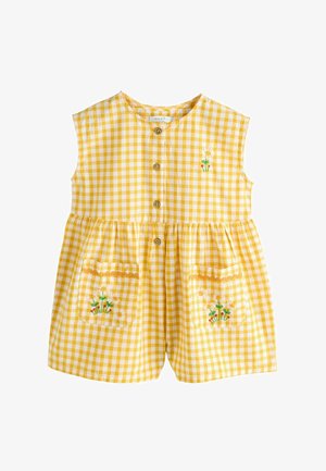 Rumena brezrokavna igralna obleka s krožnim ovratnikom, lesenimi gumbi, dvema sprednjima žepoma in cvetličnimi vezeninami na žepih.