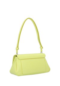 Borsa a tracolla in pelle gialla con una forma strutturata, patta anteriore piatta, tracolla regolabile e una singola tasca esterna per una funzionalità aggiuntiva.